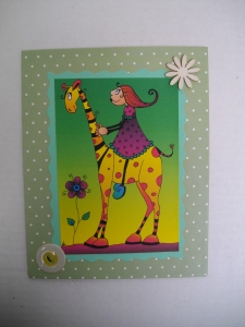 Carte Fillette et Girafe : Dessin au feutre, colorisé sur ordinateur, puis imprimé sur papier. - Collage, superposition de papiers et accessoires de décoration.