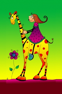La fillette et la girafe : Dessin au feutre, colorisé sur ordinateur. - 10 cm X 15 cm