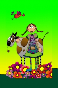 La Fillette et sa Vache : Dessin au feutre, colorisé sur ordinateur. - 10 cm X 15 cm