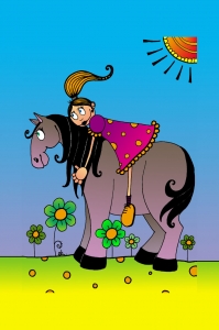 La fillette et son cheval : Dessin au feutre, colorisé sur ordinateur. - 10 cm X 15 cm