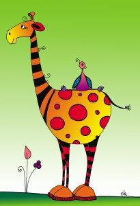 La Girafe et l'Oiseau : Dessin au feutre, colorisé sur ordinateur. - 21 cm X 29,7 cm
