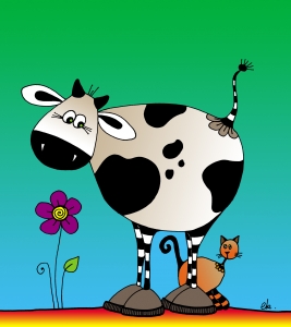 La Vache et le Chat : Dessin au feutre, colorisé sur ordinateur. - 21 cm X 29,7 cm