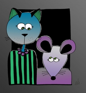 Le Chat et la Souris : Dessin au feutre, colorisé sur ordinateur. - 10 cm X 15 cm