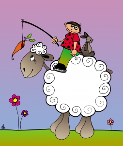 Le Mouton, le Garçon et le Lapin : Dessin au feutre, colorisé sur ordinateur. - 21 cm X 29,7 cm