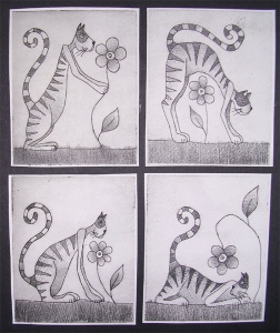 Le chat et la fleur : Technique : Pointe sèche - Retouché au crayon de papier - 8 cm X 10 cm la vignette